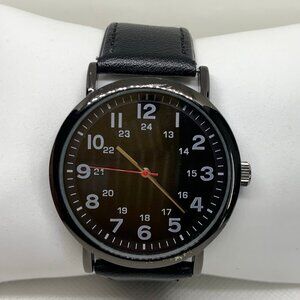 FMD men’s quartz analog watch 45mm round black tone dial leather band  running